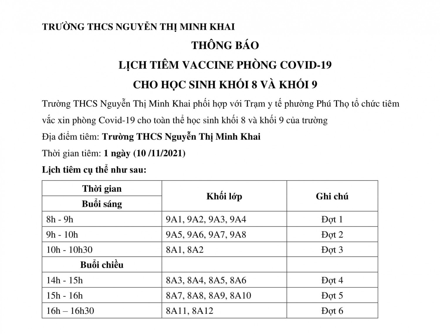 thông báo lịch tiêm 1