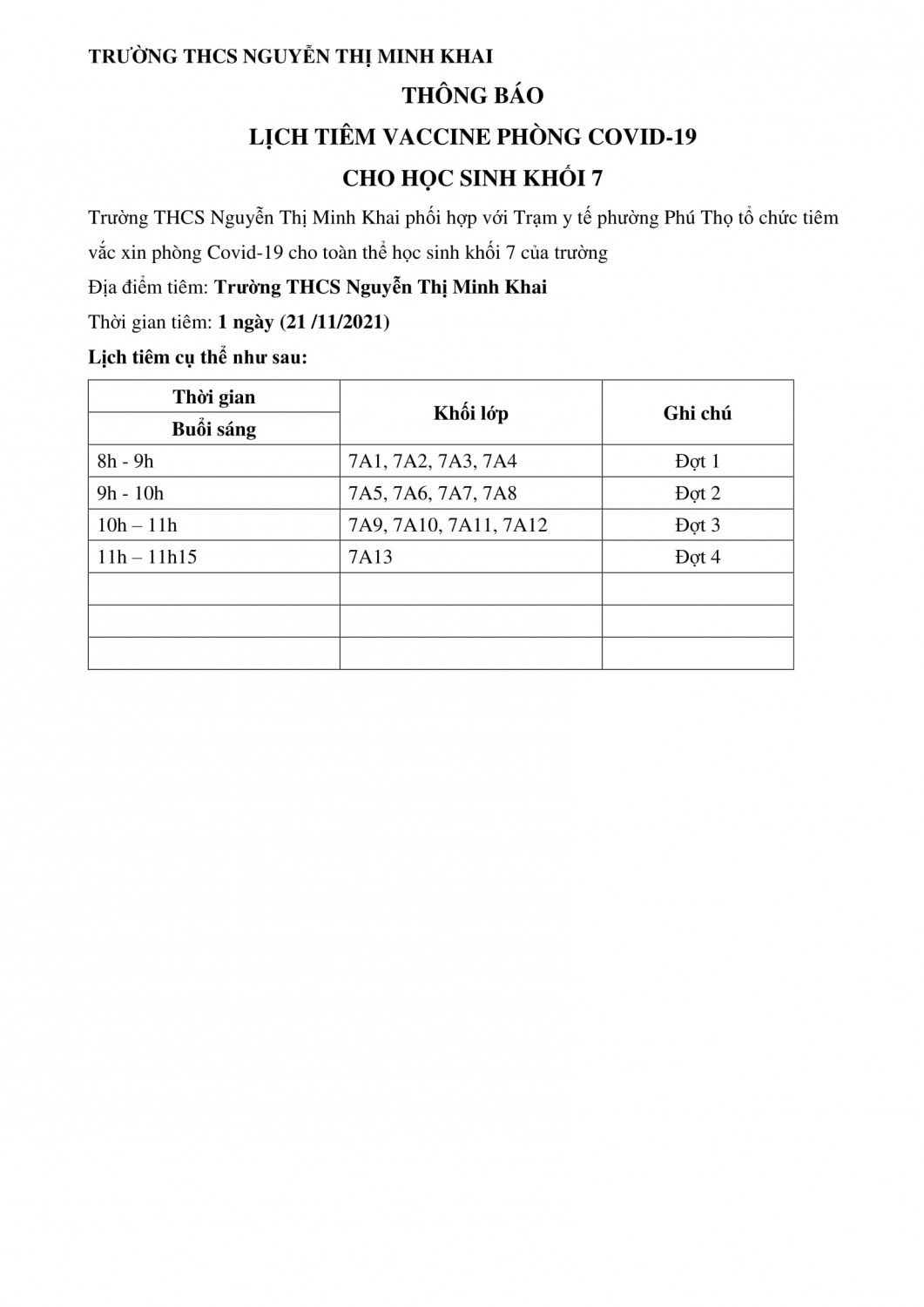thông báo lịch tiêm khối 7 1