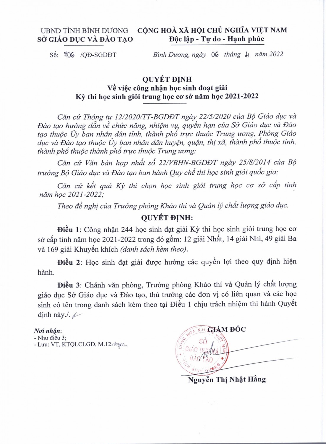 QĐ 706 Công nhận học sinh đoạt giải HSG THCS năm học 2021 2022 1
