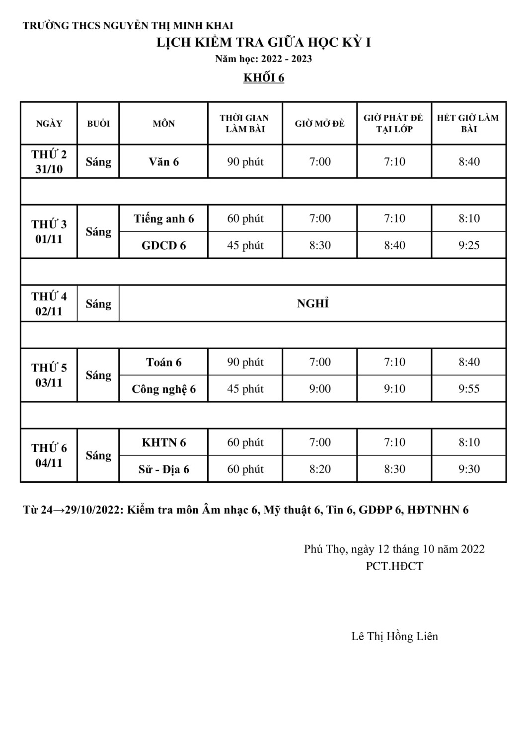 LỊCH KT KHỐI 6