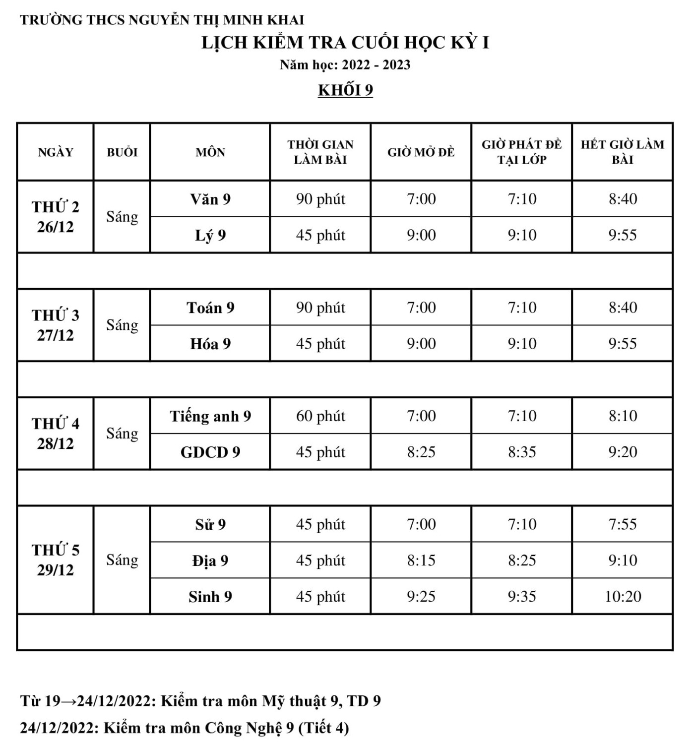 LỊCH KT KHỐI 9