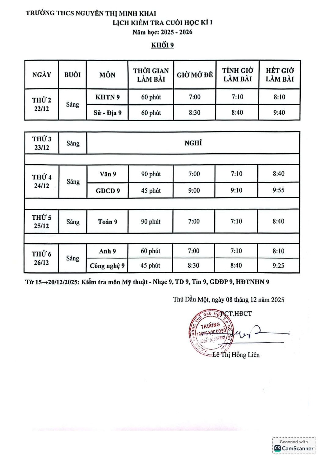 Lịch kiểm tra cuối HKI Khối 9 page 0001 min